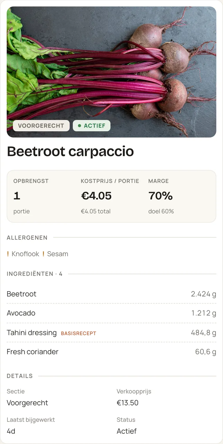 Een recept in moonies met foto, kostprijs, marge, allergenen en ingrediënten.