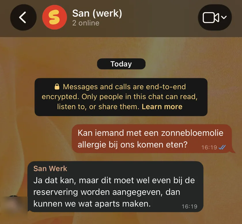 WhatsApp-bericht: kan iemand met een zonnebloemallergie bij ons komen eten?