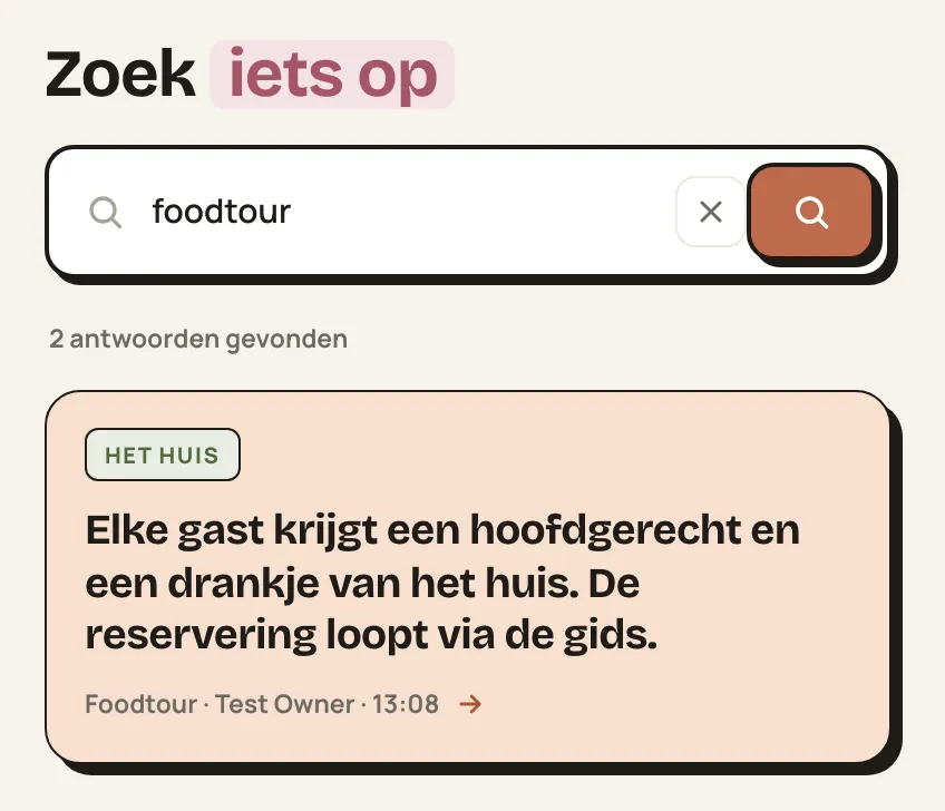 Zoeken in het geheugen van moonies: je typt foodtour en ziet meteen de afspraak.