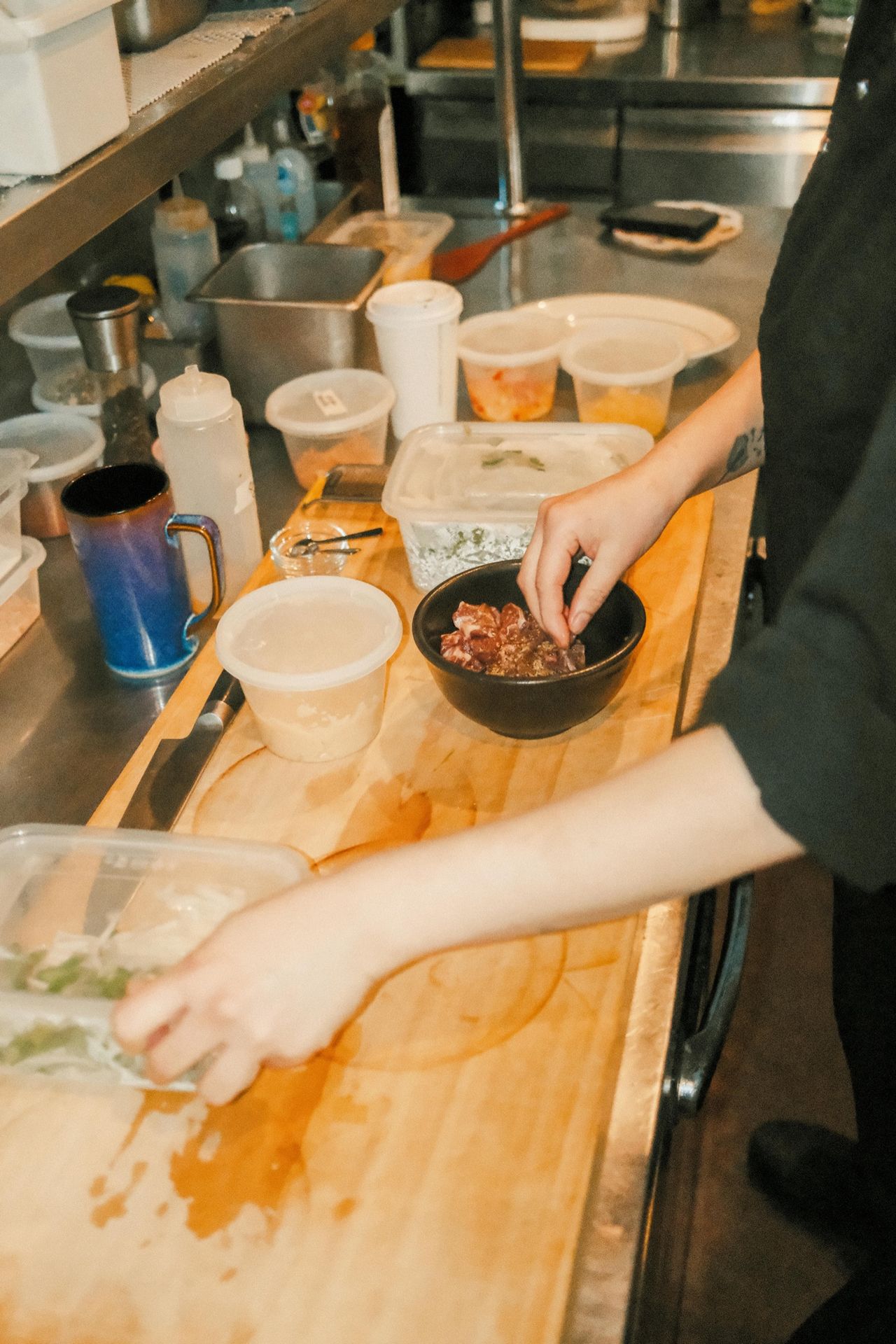 Mise-en-place on a workbench with handwritten labels